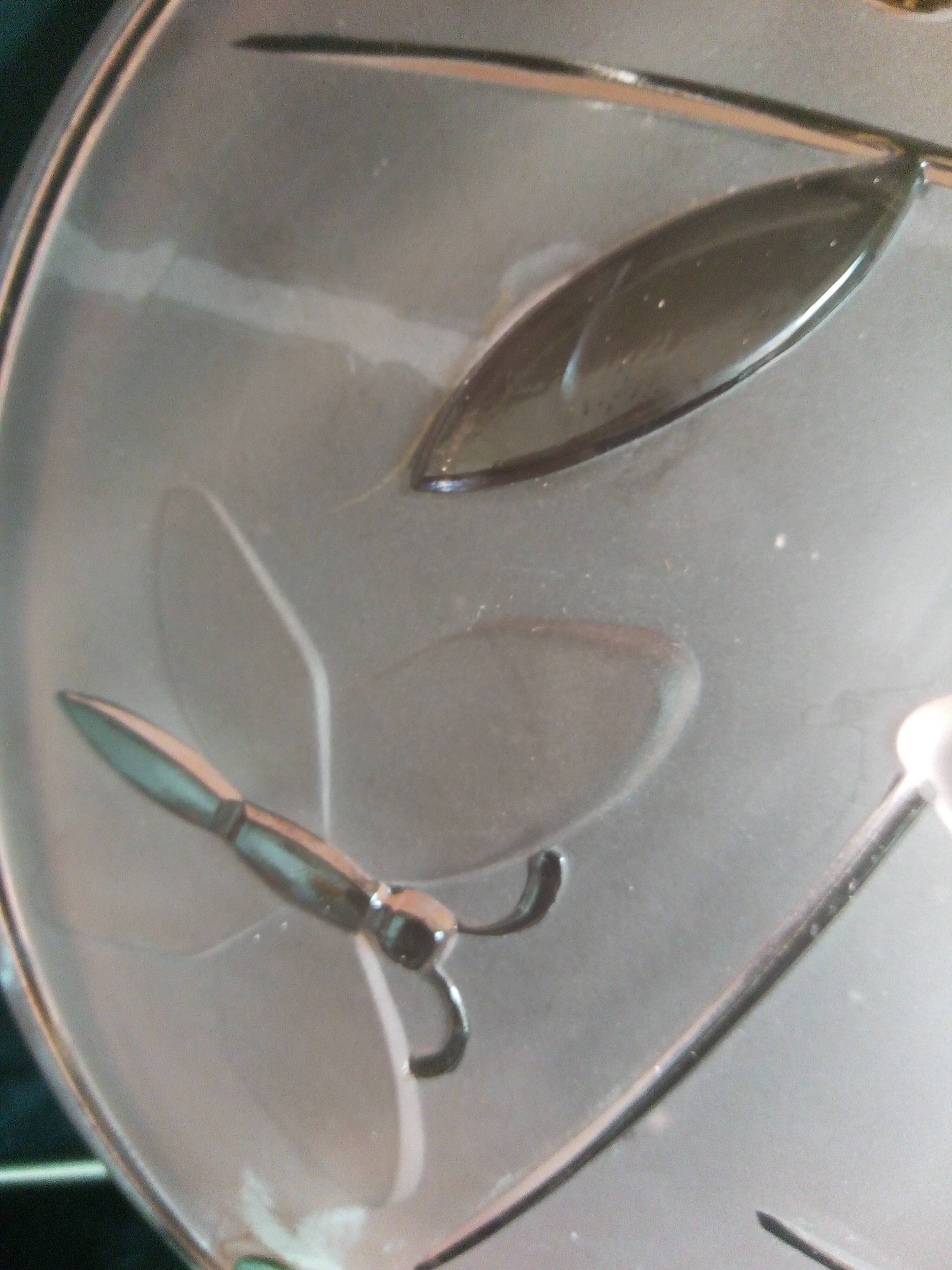 Art Deco pendant lamp in molded and pressed glass signed Degué, dragonfly motifs