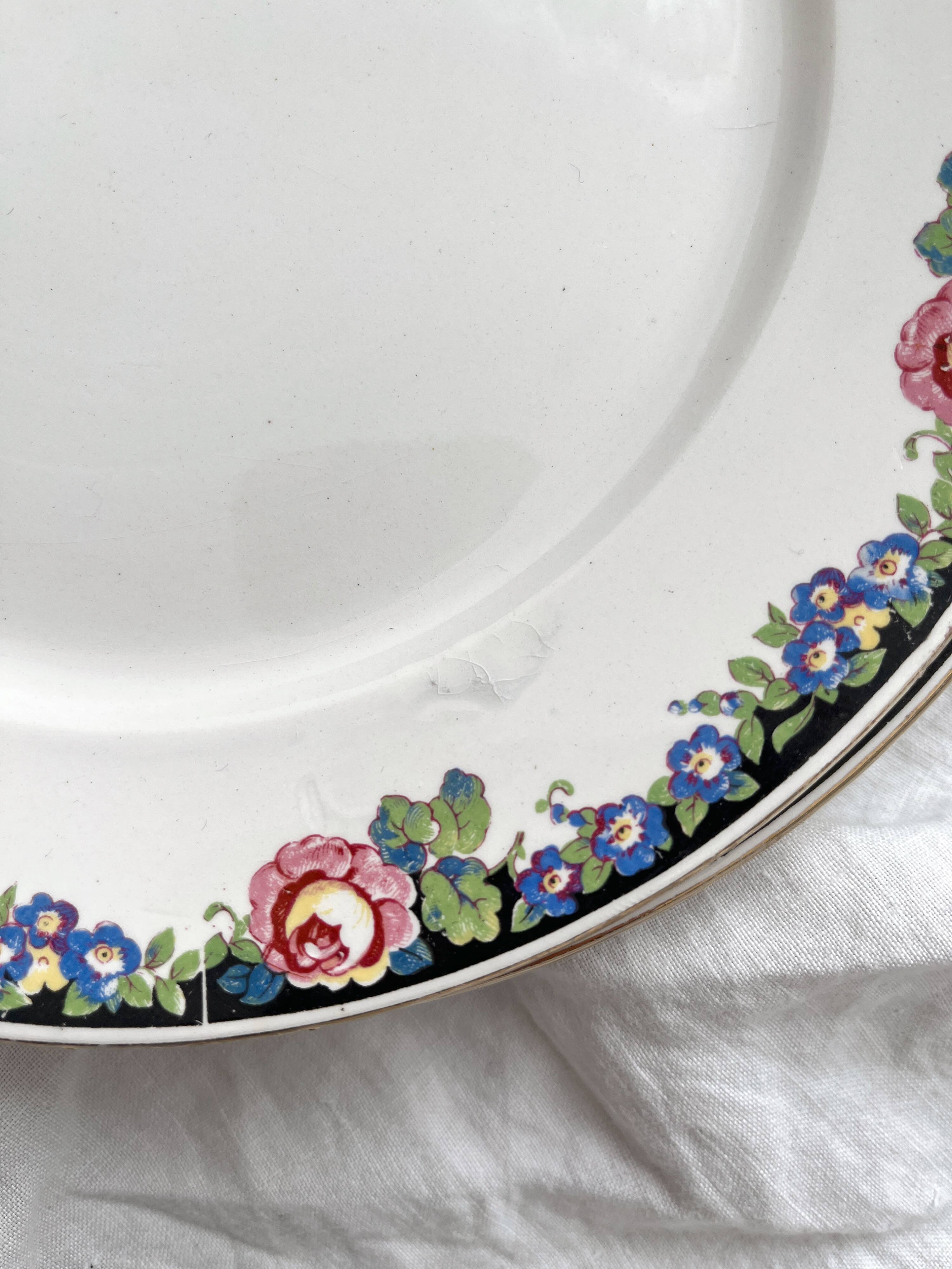 3 vintage black floral frieze dessert plates from Digoin and Sarreguemines