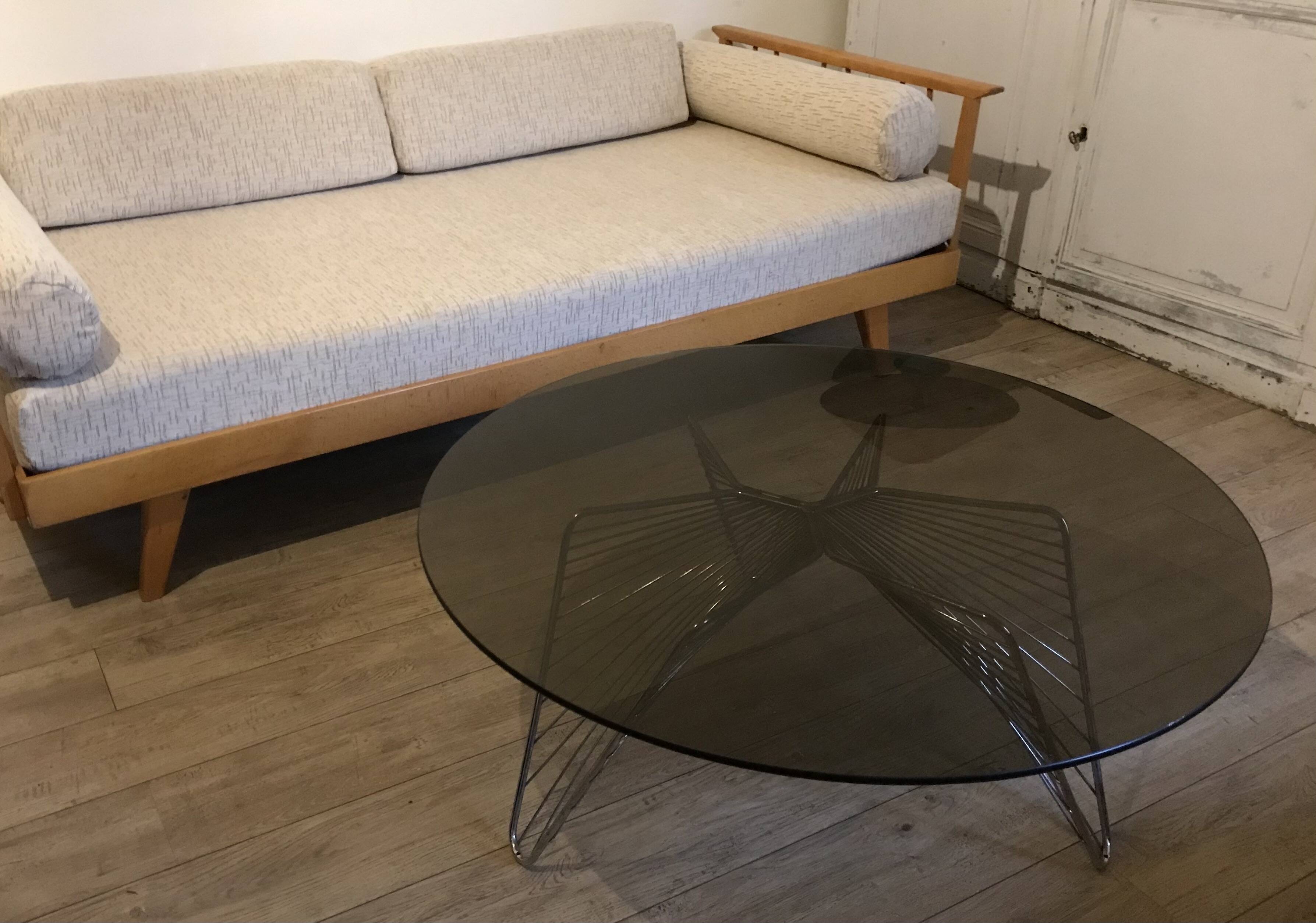 Vintage 1970's coffee table in chrome steel wire and smoked glass