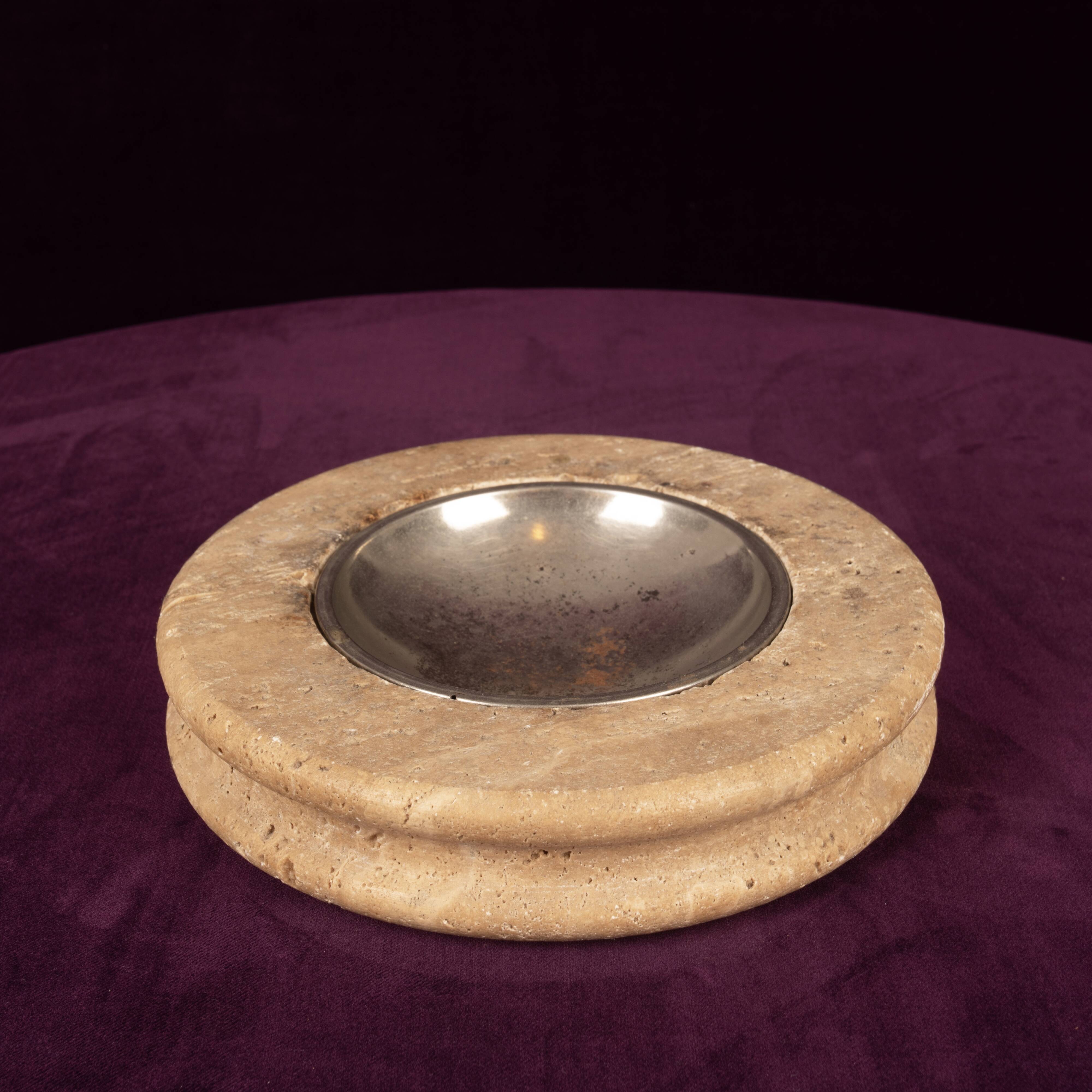 Round Italian Travertine Ashtray with Removable Metal Dish 1970