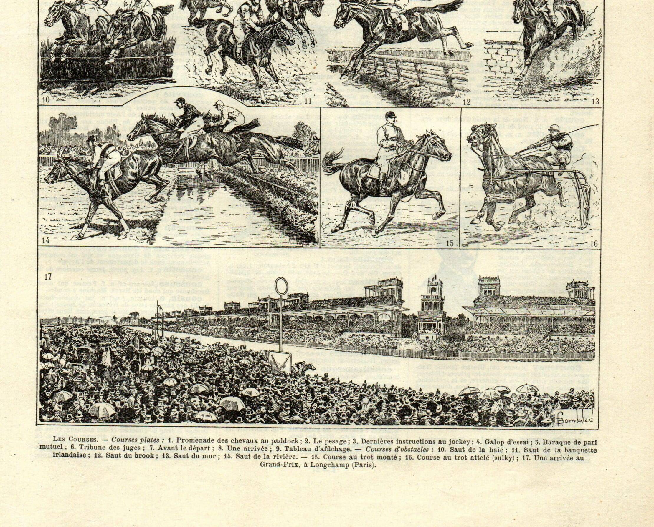 Gravure ancienne 1923 - Courses hippiques par L. Bombled - Cheval litho
