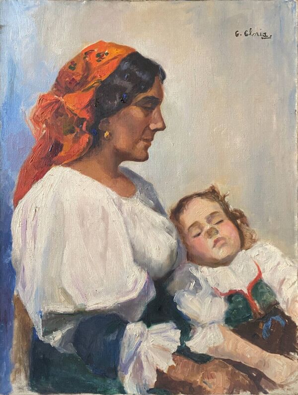 Tableau HST Belle maternité avec enfant endormi signée G. Gloria début XX°
