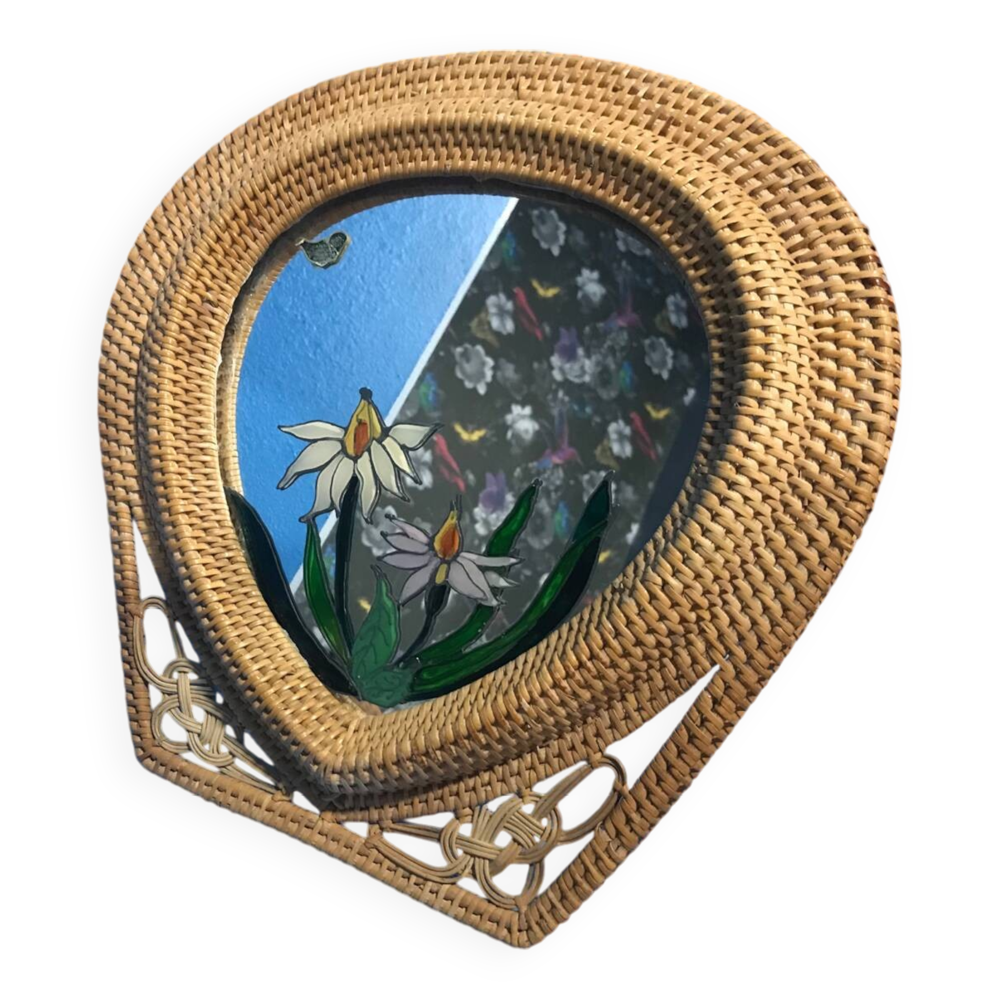 Old vintage wicker rattan mirror