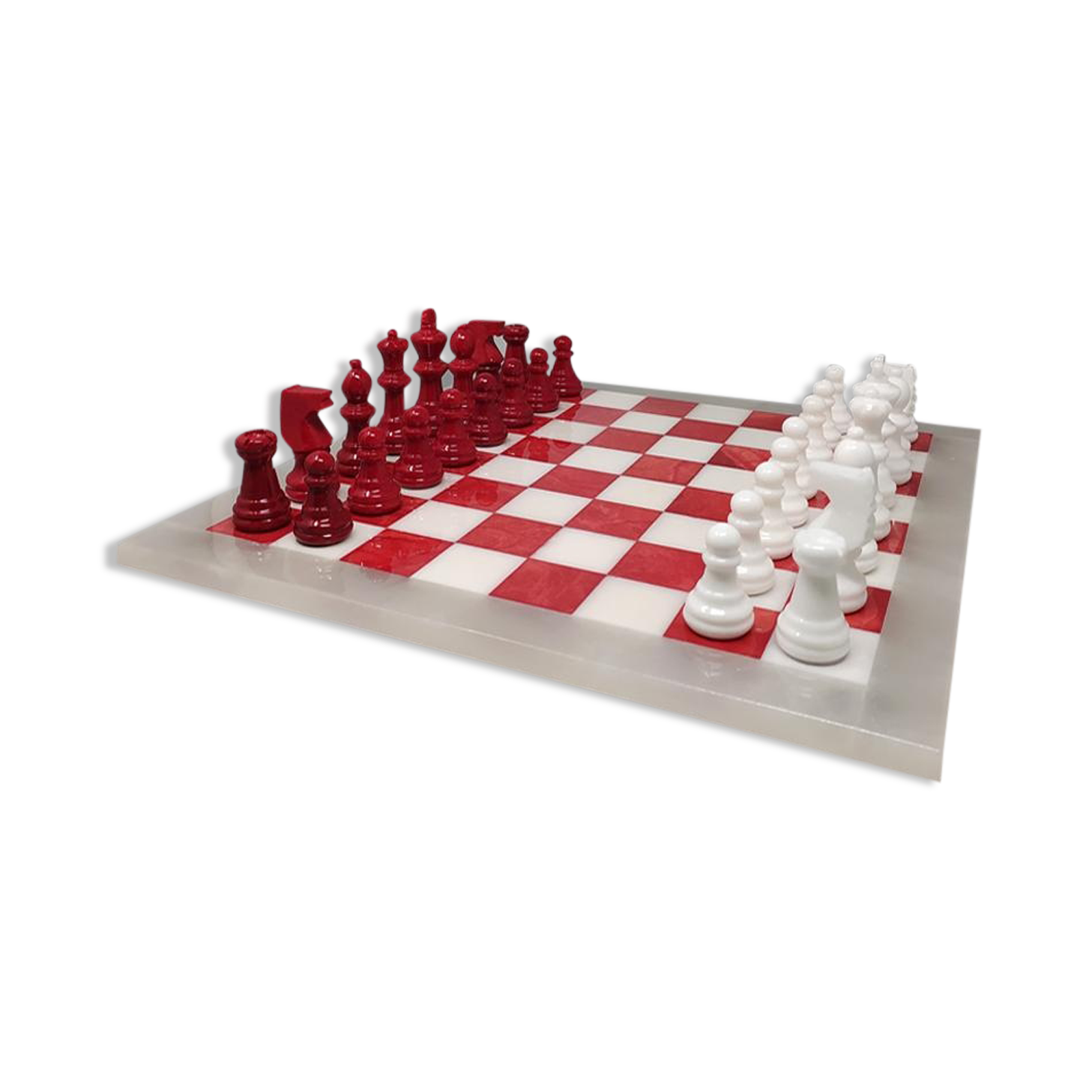 Red and white chess set in volterra alabaster handmade, made in italy1970