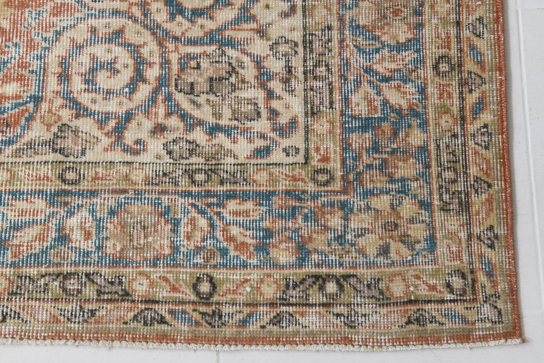 Tapis Persan Ancien – Fait Main Vintage à Médaillon, Tons Bleu et Brique