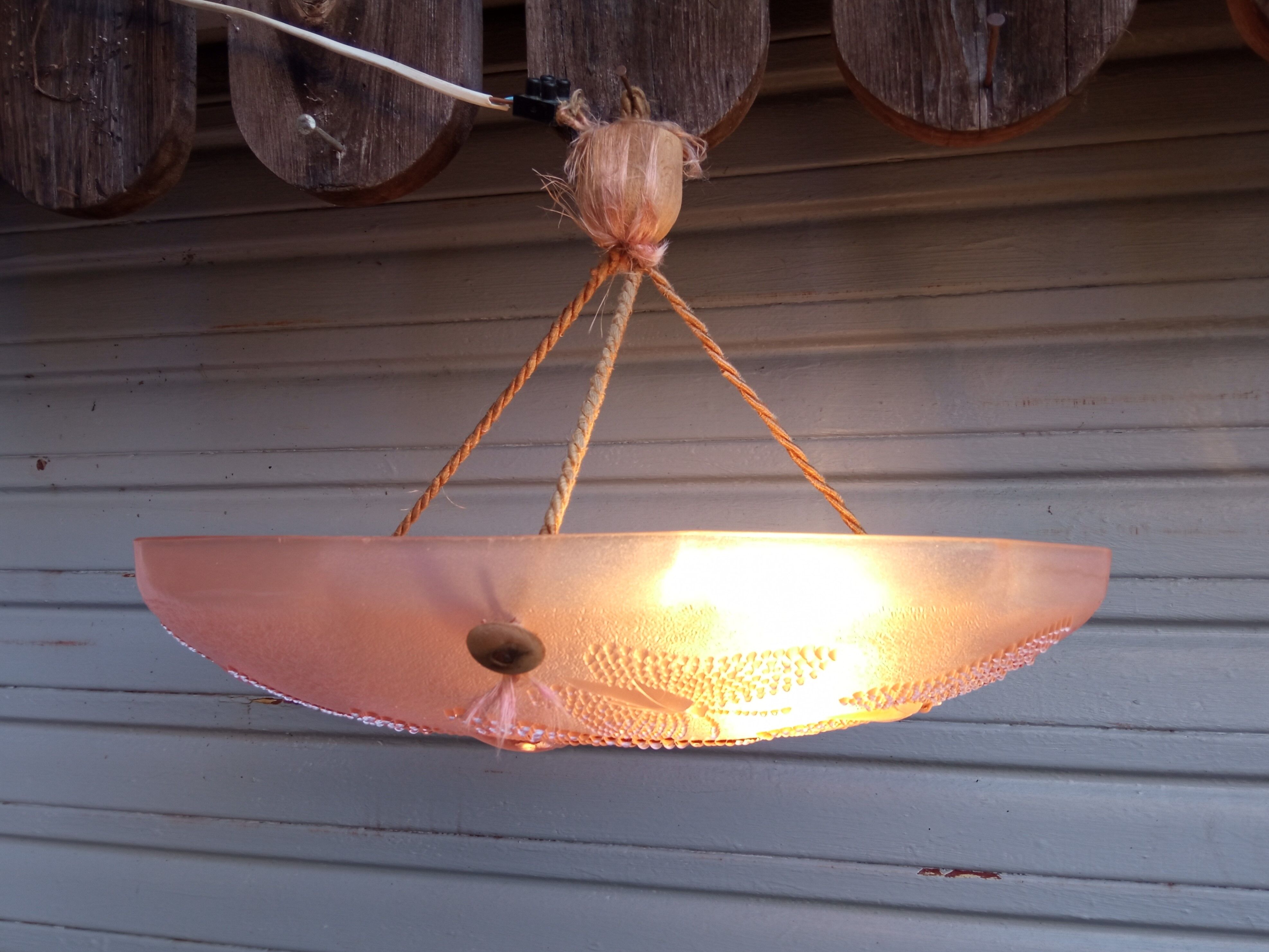 Art Deco ceiling lamp in pink pressed molded glass -