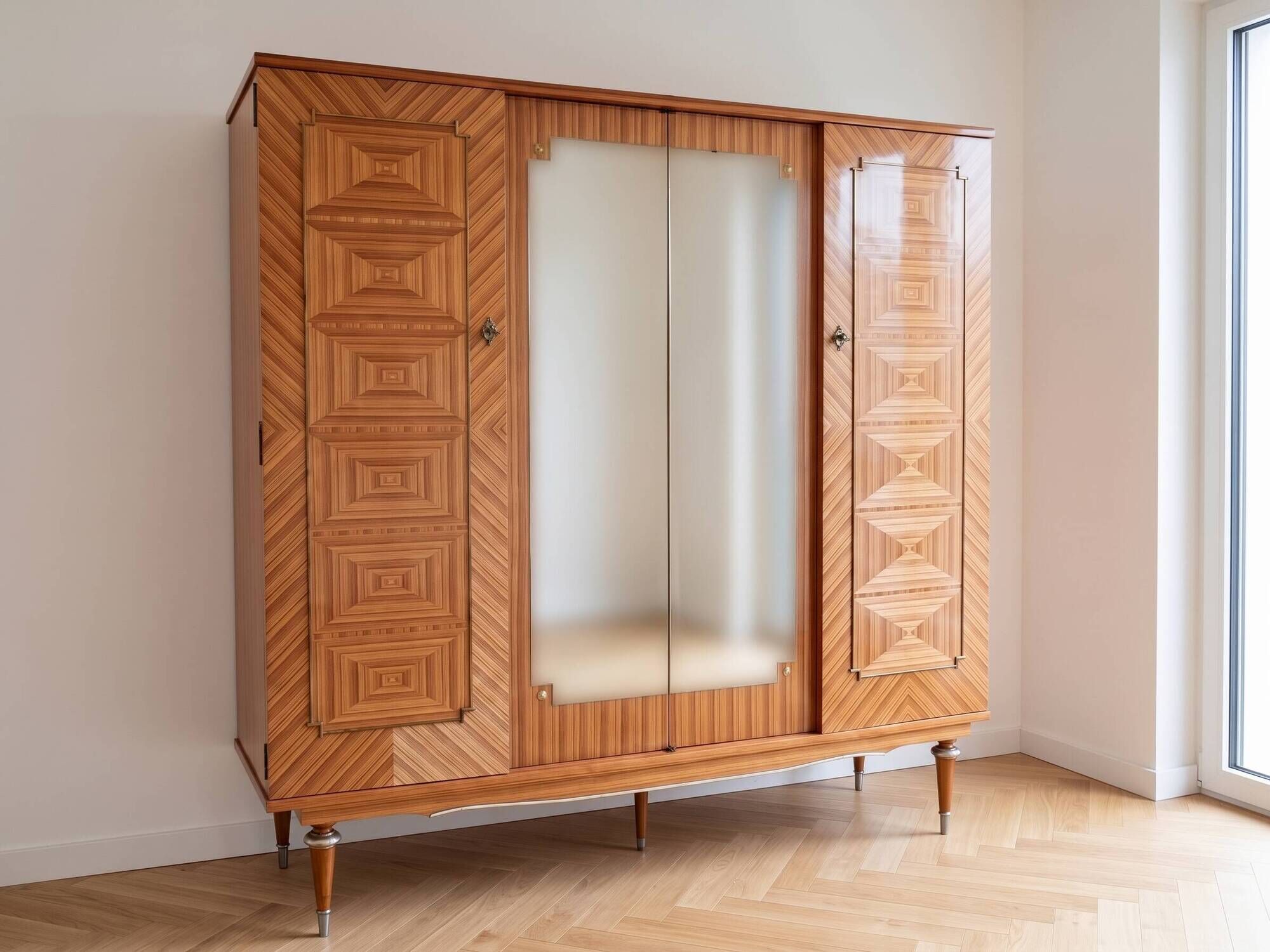 Vintage 1950s wooden wardrobe with mirror