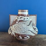 Vase poissons marron ancien années 1940 numéroté 63 18cm