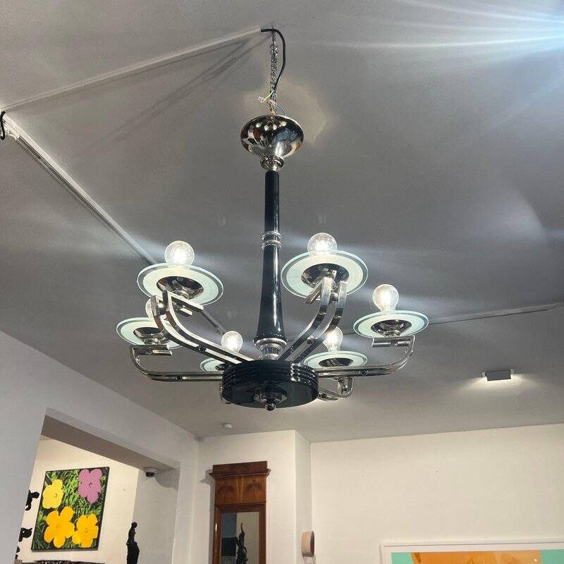 Chandelier Art Déco en laque noire et verre, 1930