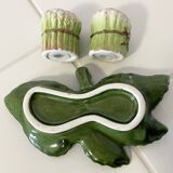 Set of Vintage Asparagus-themed Majolica Salt and Pepper Shakers with Plate