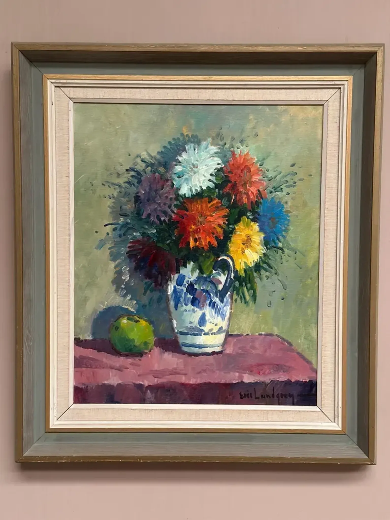 Original Swedish Oil on Canvas – “Asters in a Ceramic Vase” by Eric Lundgren – Signed – Vintage and Framed – 60 × 54 cm (23.6" × 21.3")