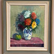Original Swedish Oil on Canvas – “Asters in a Ceramic Vase” by Eric Lundgren – Signed – Vintage and Framed – 60 × 54 cm (23.6" × 21.3")
