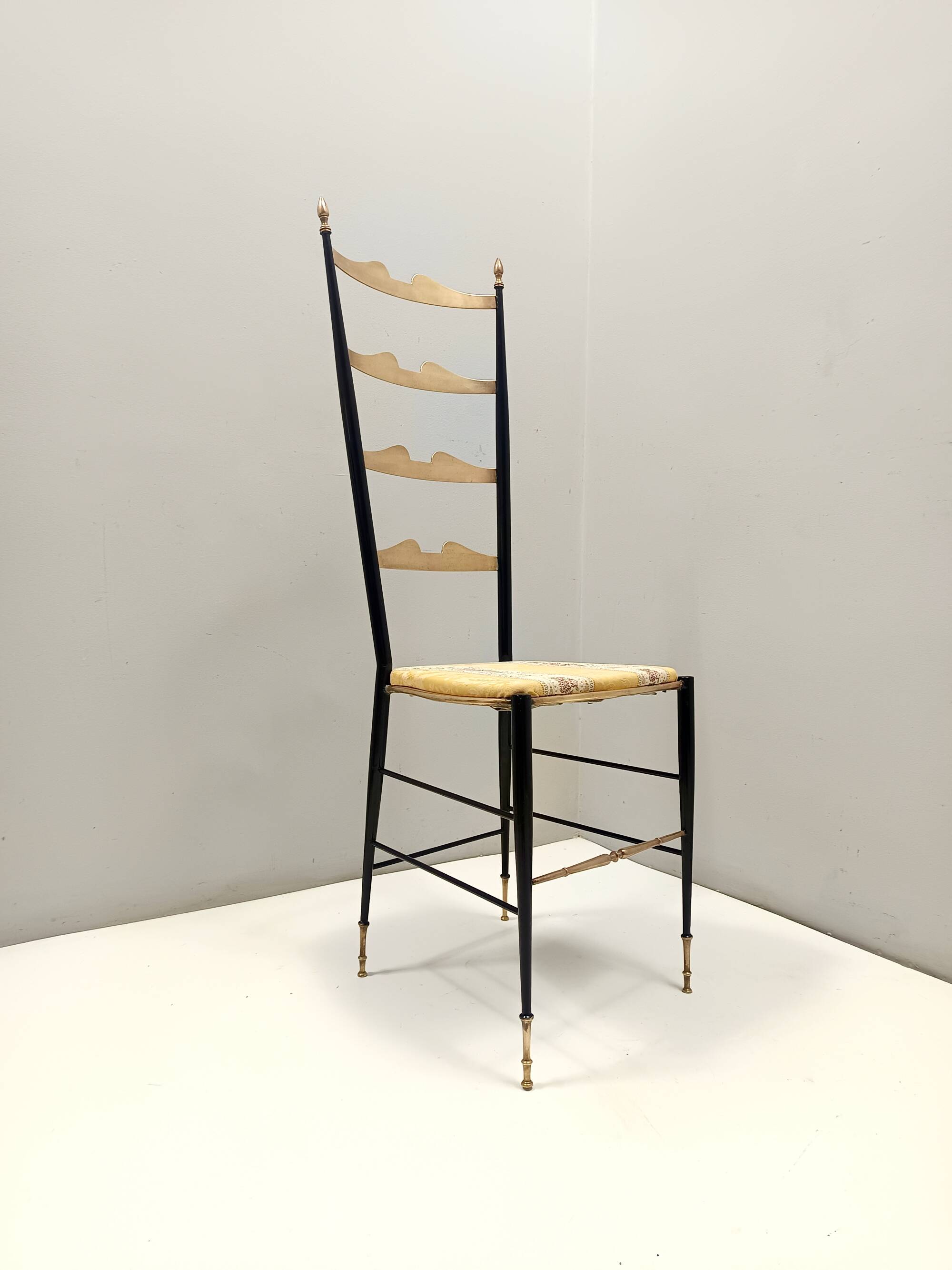 Pair of Vintage Brass and Metal Chiavarine Chairs with Yellow Fabric, Italy