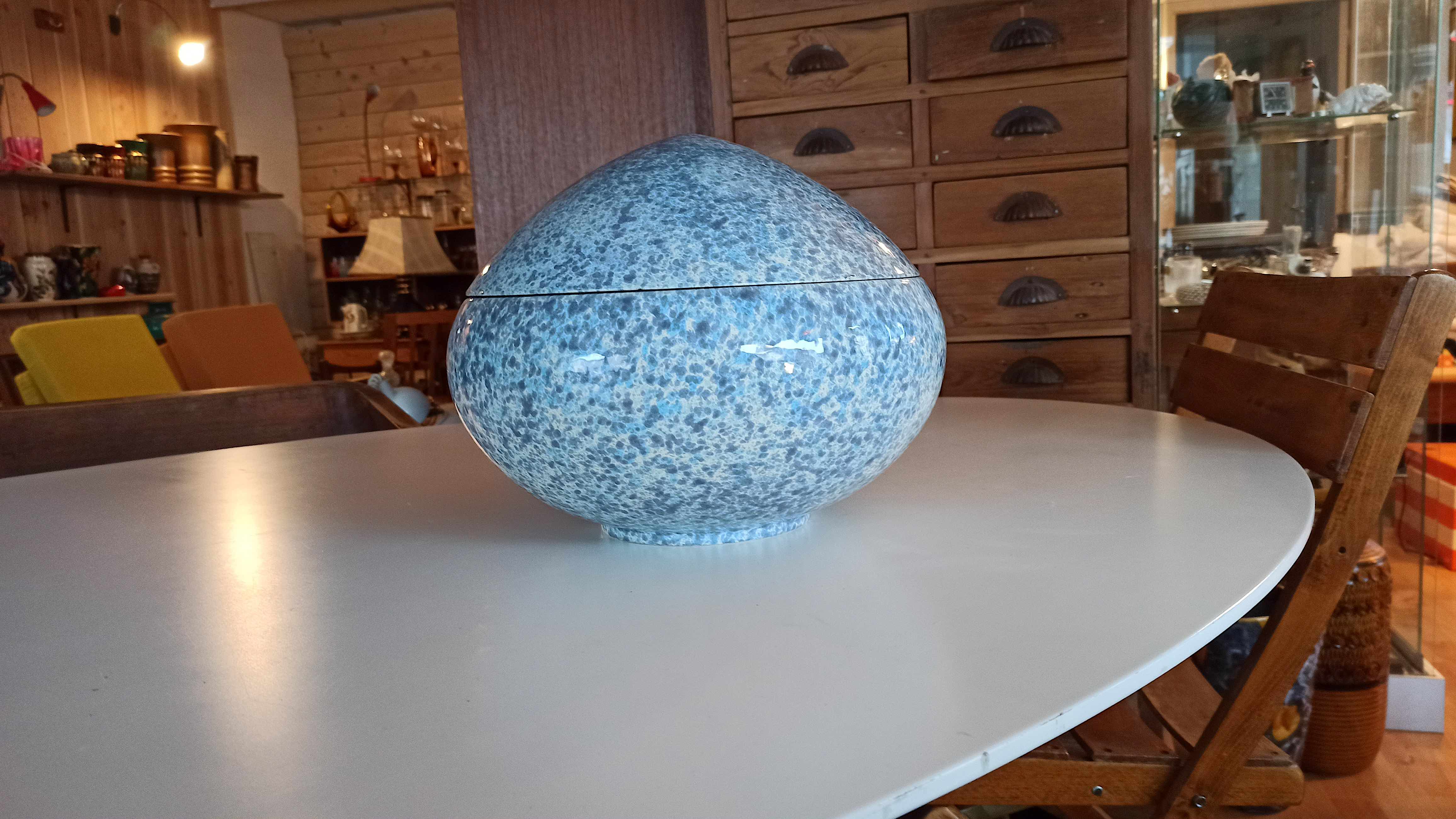 Large blue glazed ceramic biscuit jar Diameter 32.5 cm