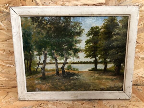 Ancien tableau huile sauveur bernay theric 1895 le rhône avec cadre bois vintage