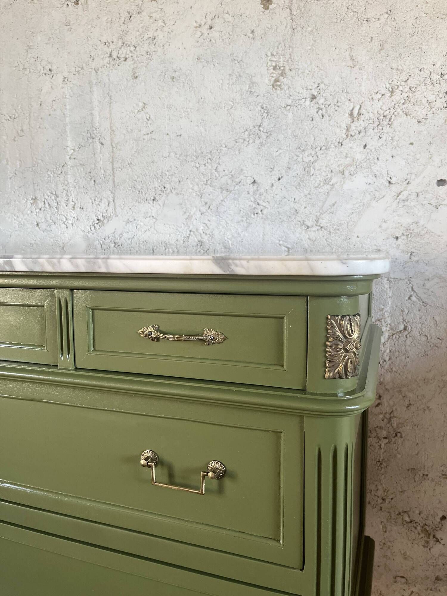 Louis XVI style olive green commode with marble.