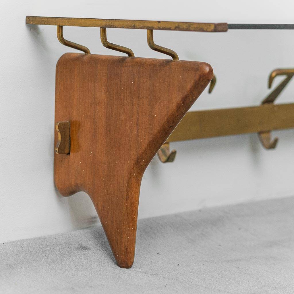 Wall coat rack in wood and glass, 1950s vintage modernism