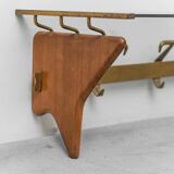 Wall coat rack in wood and glass, 1950s vintage modernism