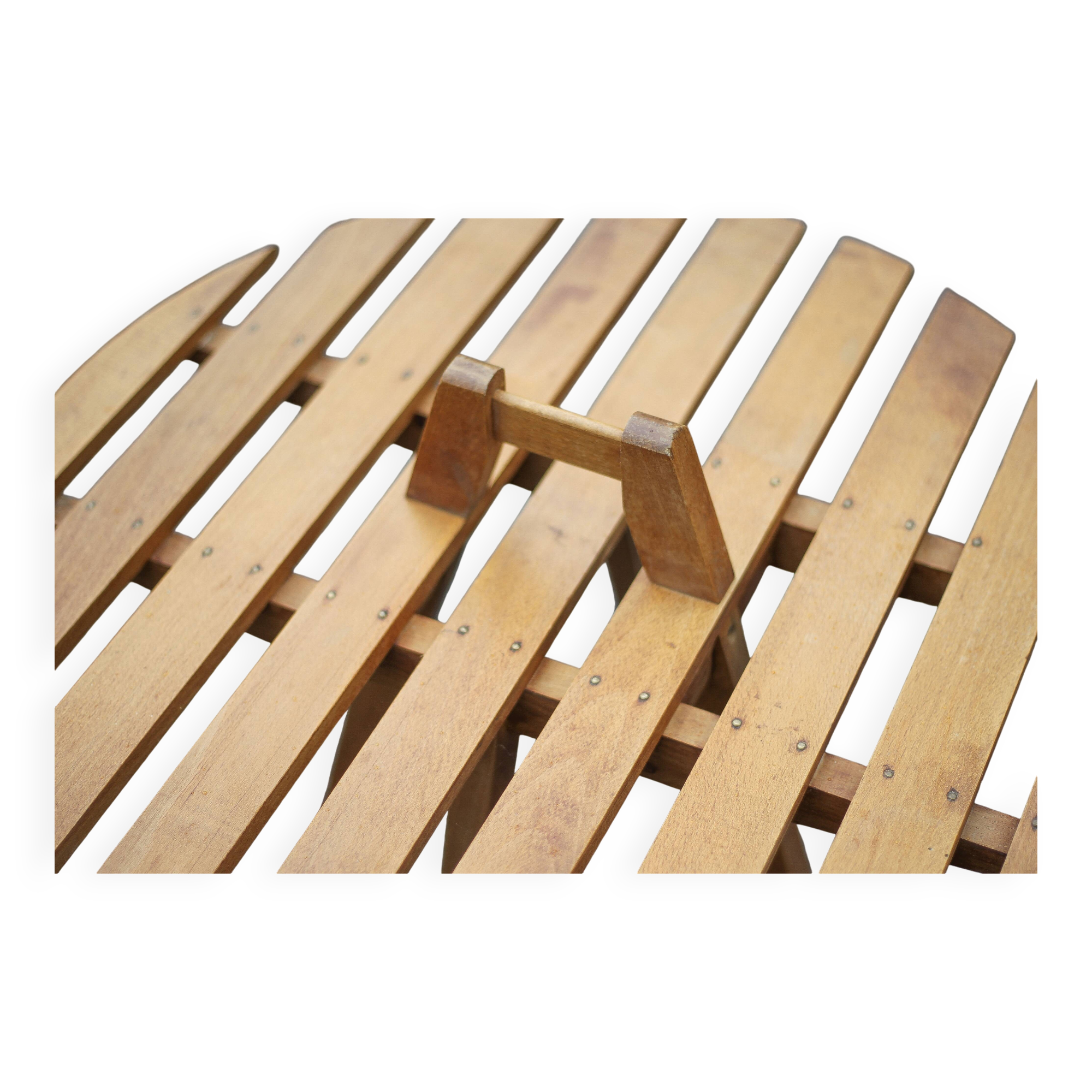 Vintage coffee table, wooden table with central handle, interior decoration, terrace, patio