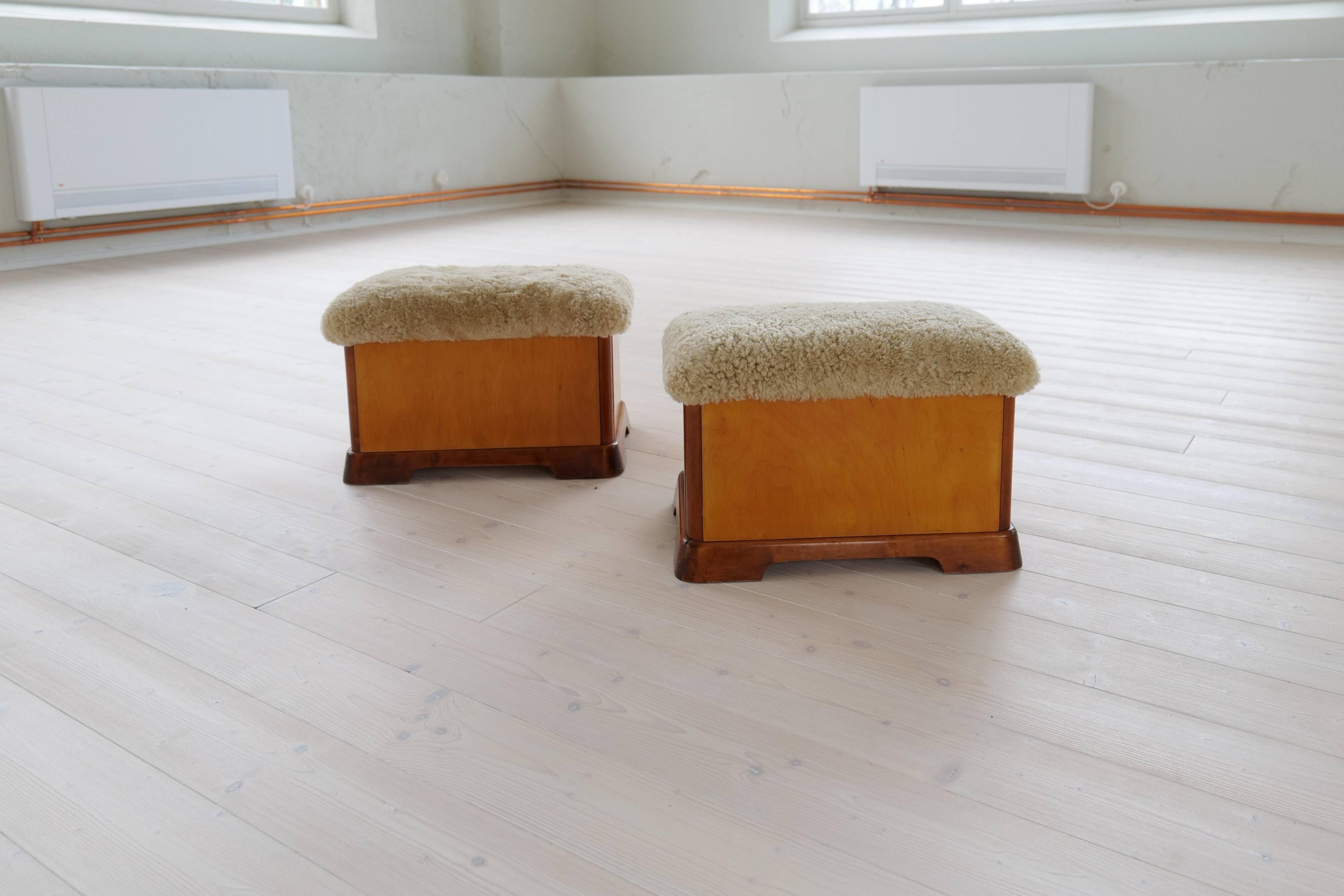 Swedish Art Deco Stools in Lacquered Birch with Sheepskin Seat, 1940s