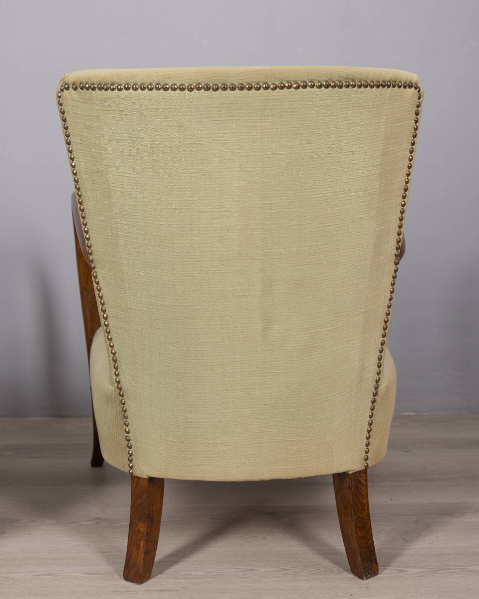 PAIR OF VINTAGE 1940S ARMCHAIRS IN WOOD AND FABRIC, ITALIAN DESIGN