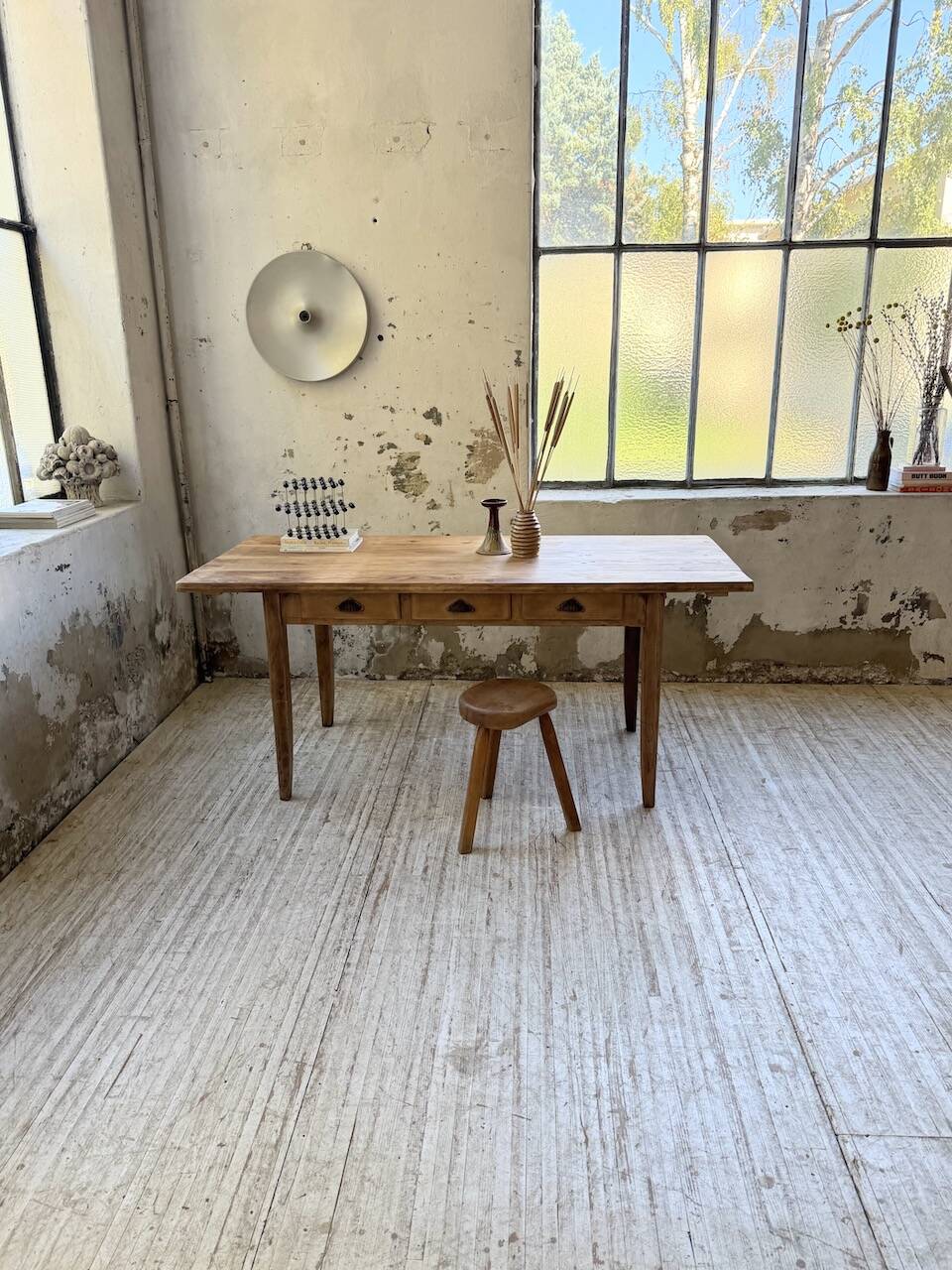 1950s pine and oak farmhouse table with multiple drawers