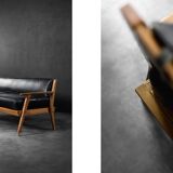 Vintage Mid-Century German Modern Oak & Black Leather Sofa, 1960s