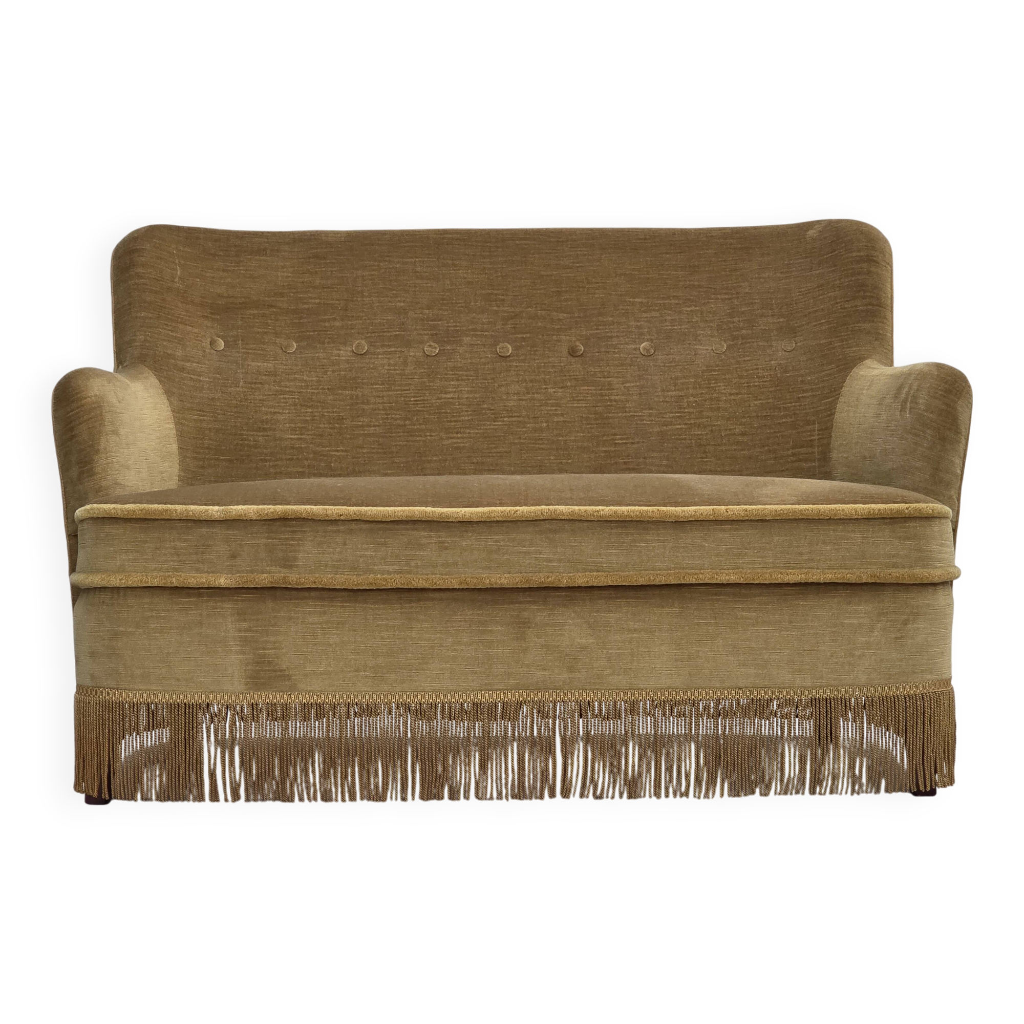 1970s, Danish 2-seater sofa, light green furniture velour, beech wood.