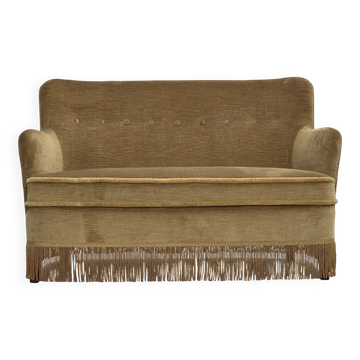 1970s, Danish 2-seater sofa, light green furniture velour, beech wood.
