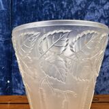 Superb Art Nouveau vase in frosted molded pressed glass with foliage decorations