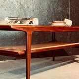 Teak Coffee table by with a rattan rack