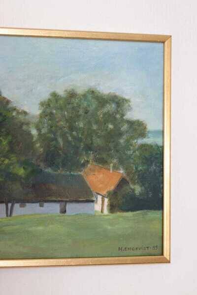 Original Swedish oil on canvas – “Landscape with Farm” by H. Engkvist – dated 1983 – vintage & framed – 41 × 50 cm (16.1" × 19.7")