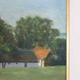 Original Swedish oil on canvas – “Landscape with Farm” by H. Engkvist – dated 1983 – vintage & framed – 41 × 50 cm (16.1" × 19.7")