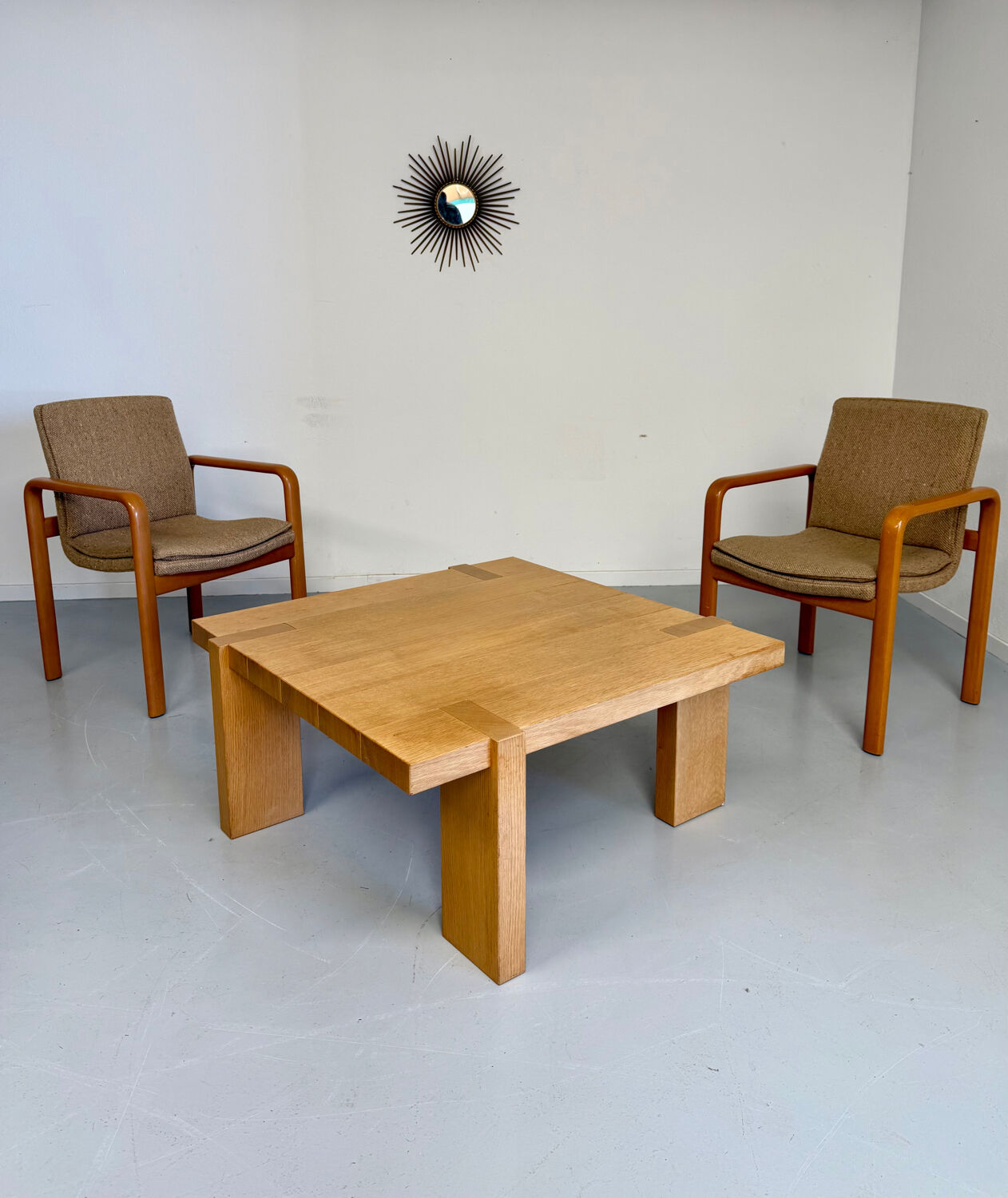 4 armchairs with armrests in beech and fabric, 1970s vintage design.