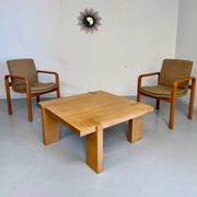 4 armchairs with armrests in beech and fabric, 1970s vintage design.