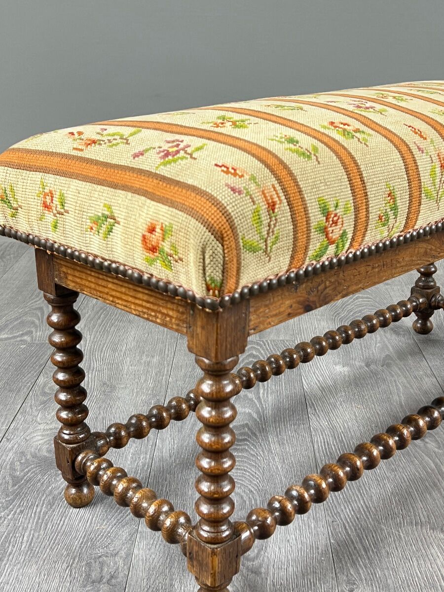 Antique Turned Wood Bench, Floral Tapestry Seat, 20th Century