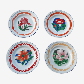 Lot de 4 assiettes plates tôle émaillée