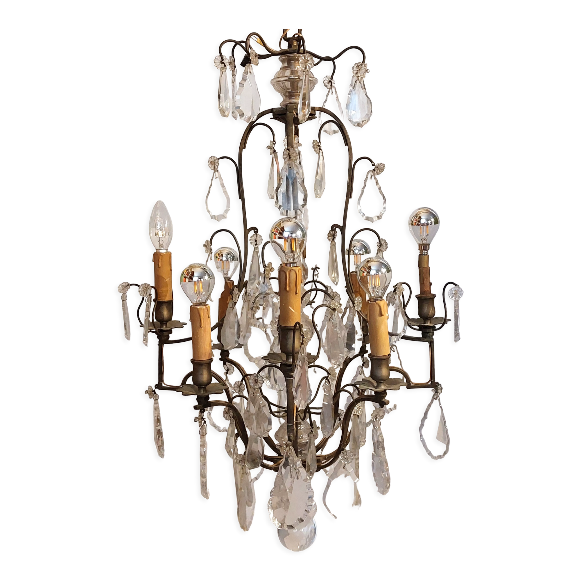 Neoclassical bronze chandelier with 8 lights, tassels and dagger