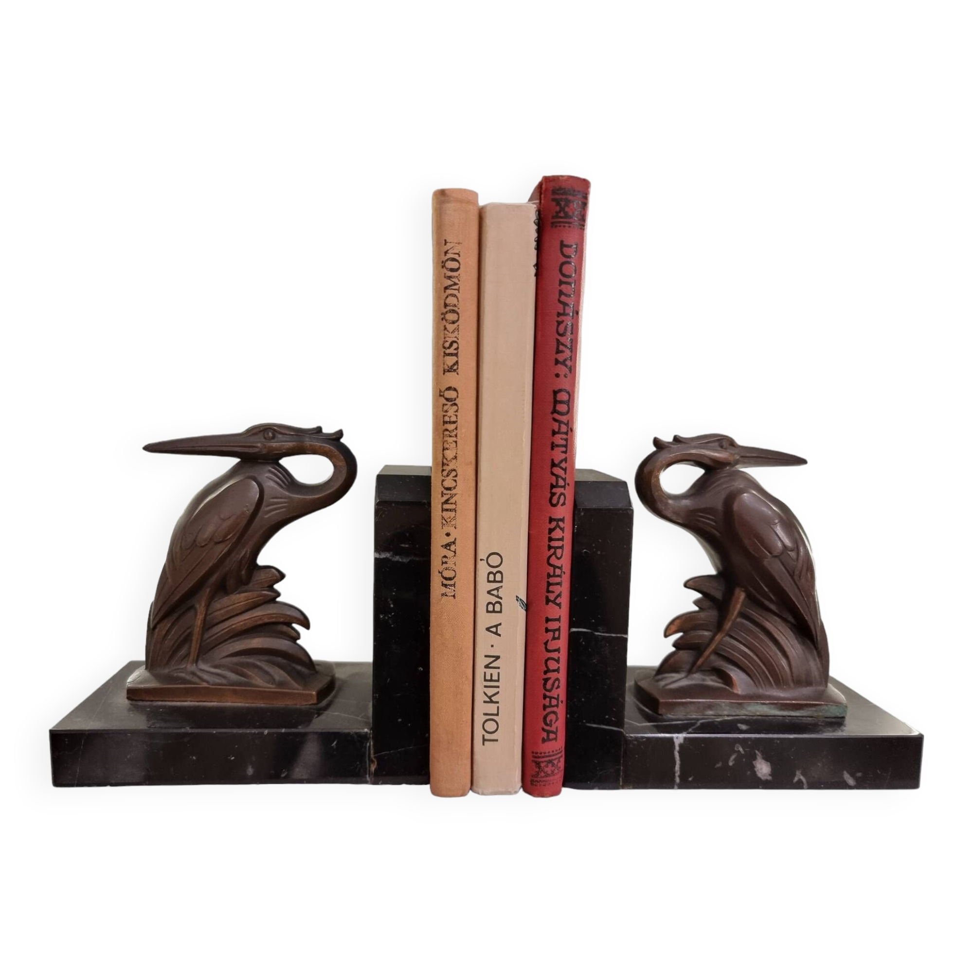 Art Deco spelter on marble bookends with cranes by Maurice Frecourt, France, 1920-30's