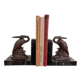 Art Deco spelter on marble bookends with cranes by Maurice Frecourt, France, 1920-30's