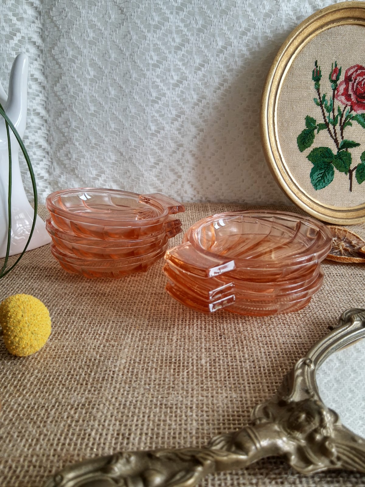 Set of 6 small scallops in vintage rosaline pink glass