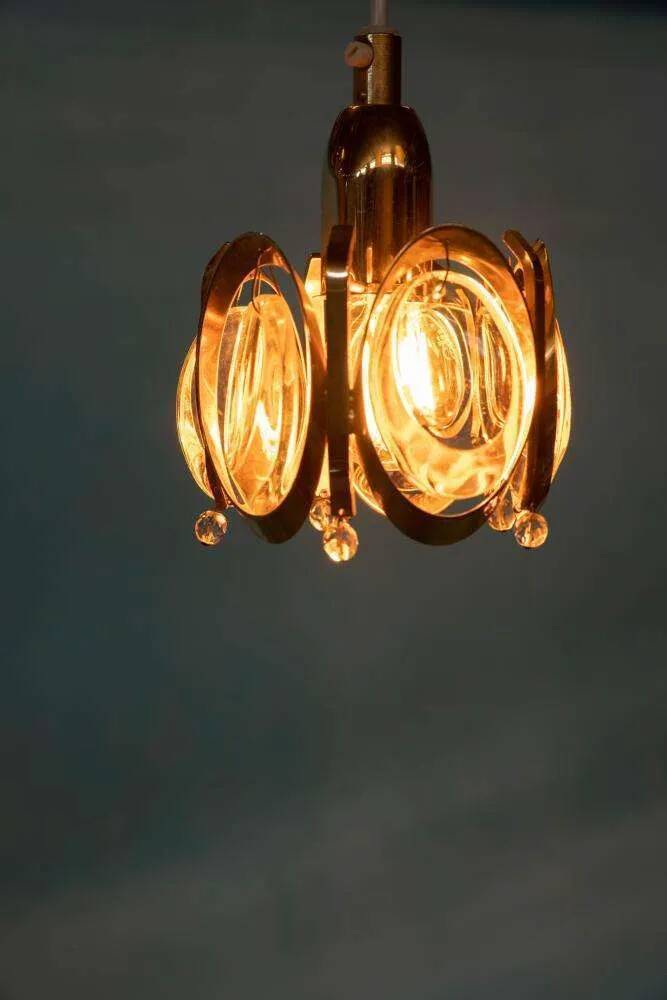 Vintage brass and crystal suspension Palwa, mid-century suspension.