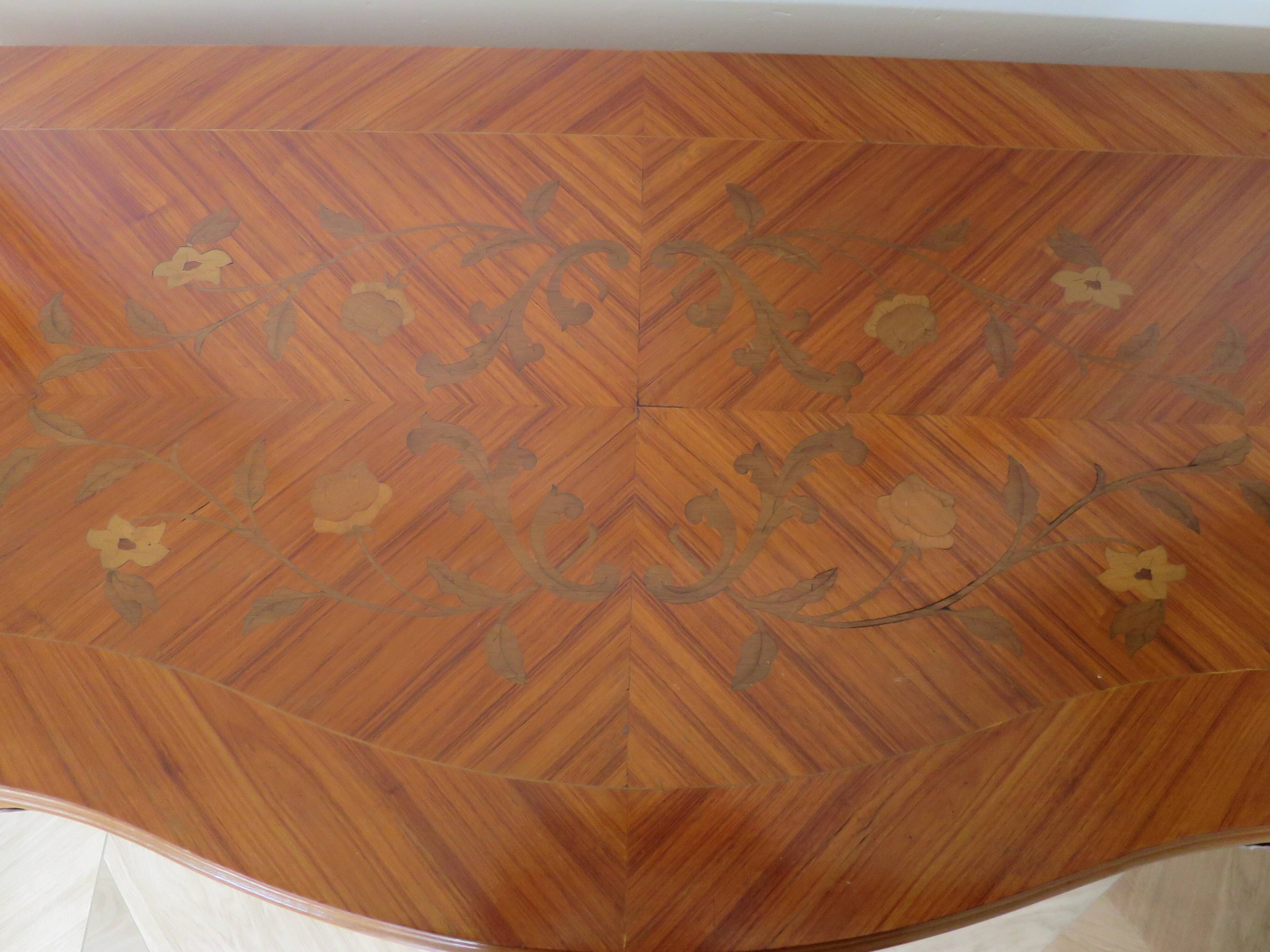 Louis XV commode - 2 drawers - floral marquetry - bronze ornament - 1950