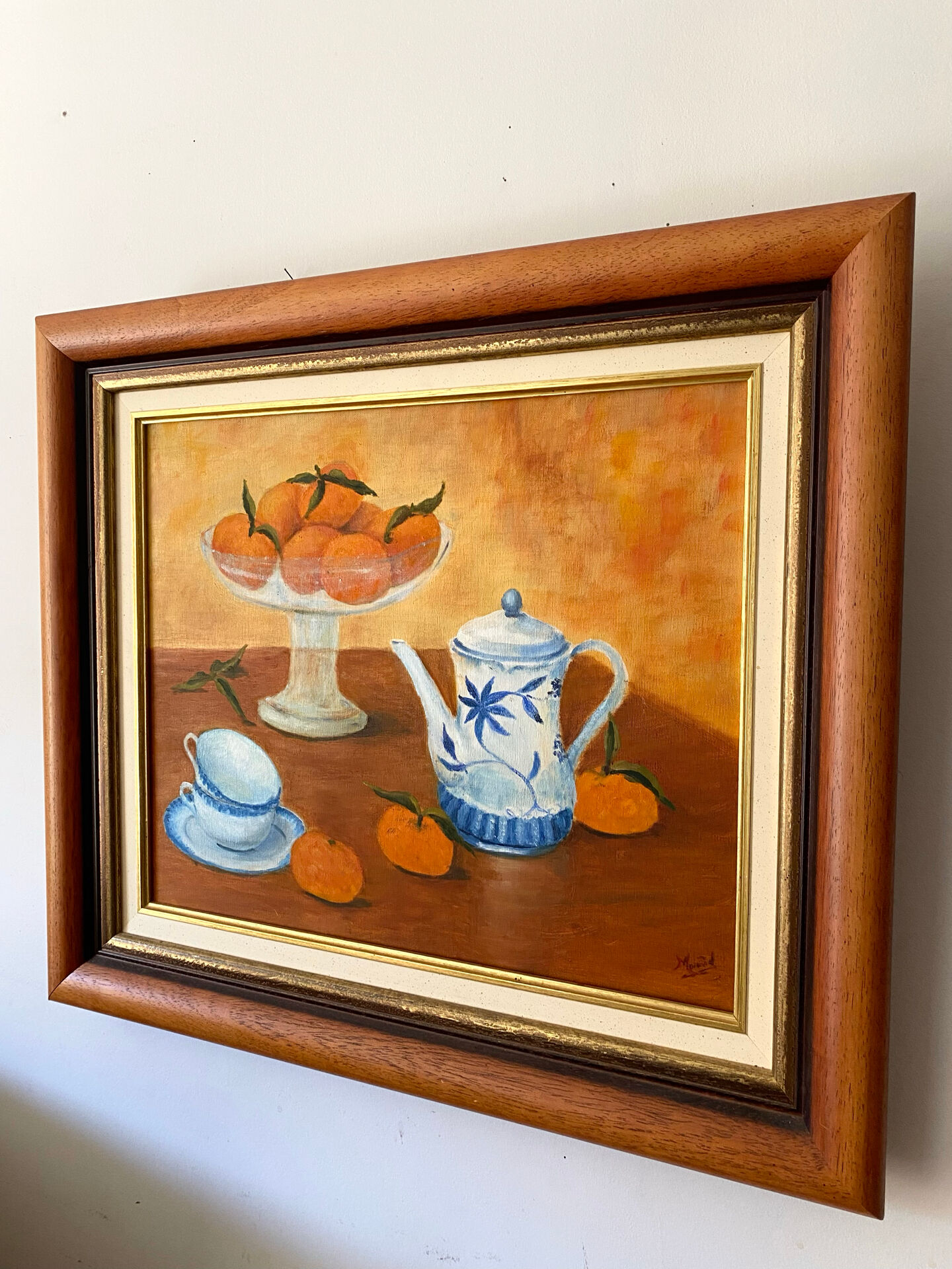 Still life with mandarins and blue pottery, oil on canvas