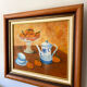 Still life with mandarins and blue pottery, oil on canvas