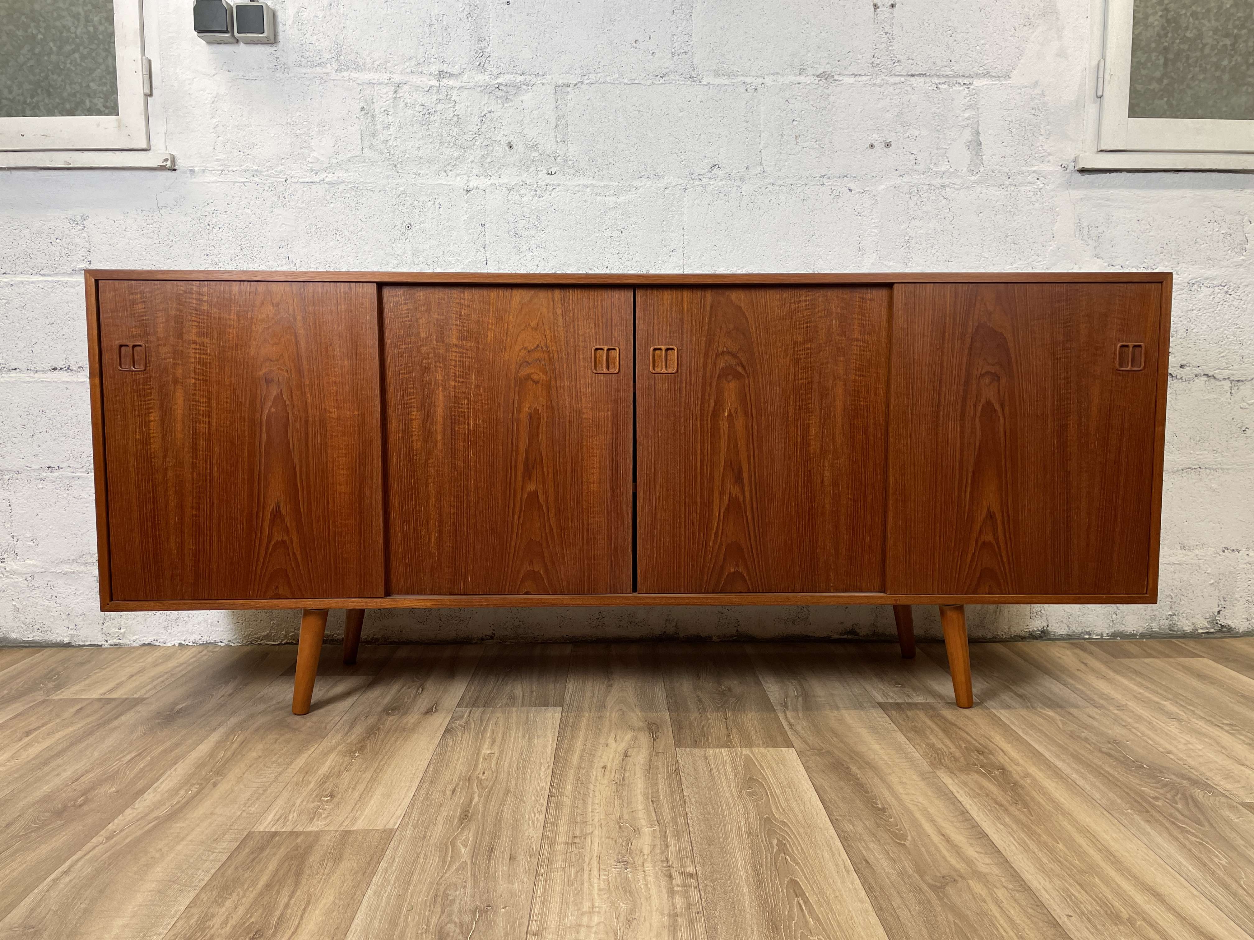 Scandinavian teak sideboard with 4 sliding doors, 60s