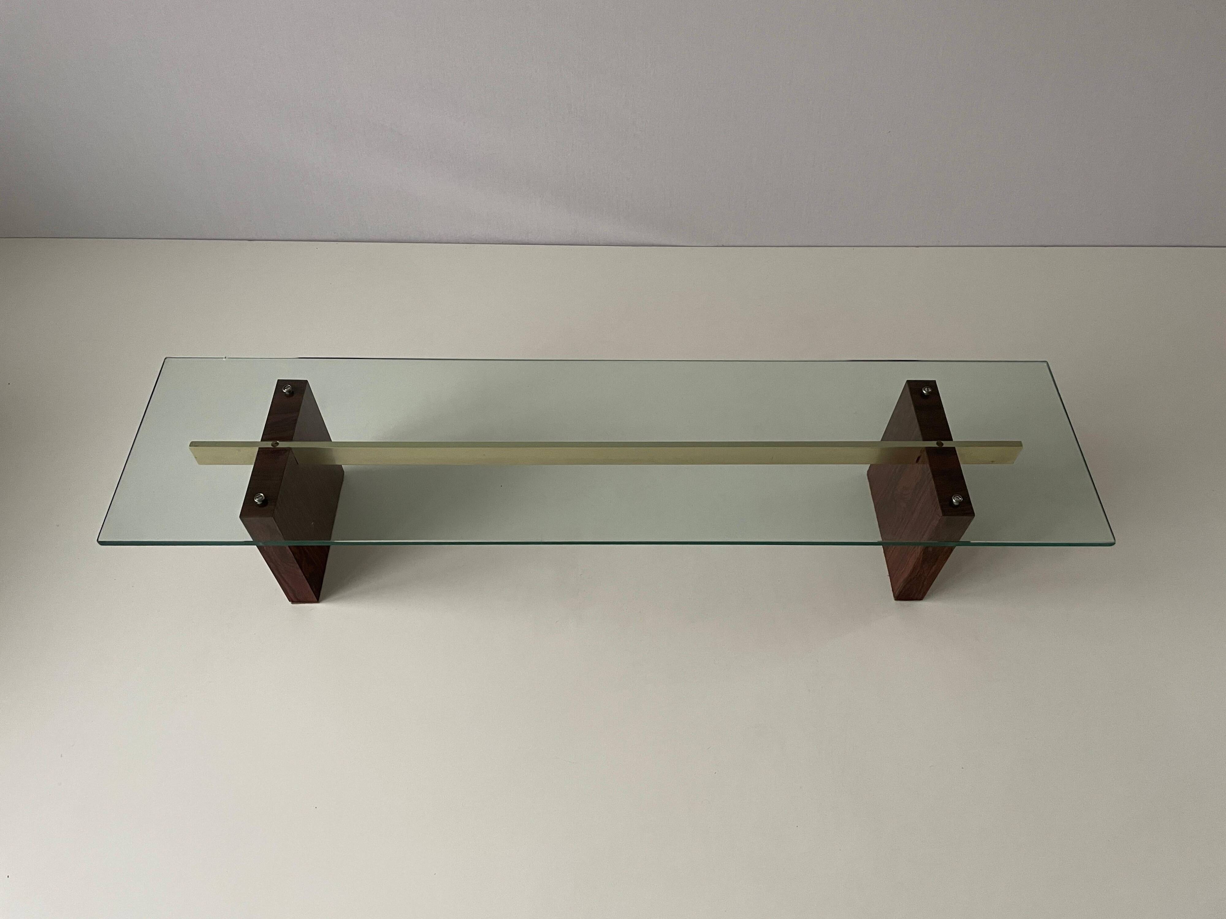 Mid-century minimalist thick glass coffee table, rosewood legs, 1960, Germany.