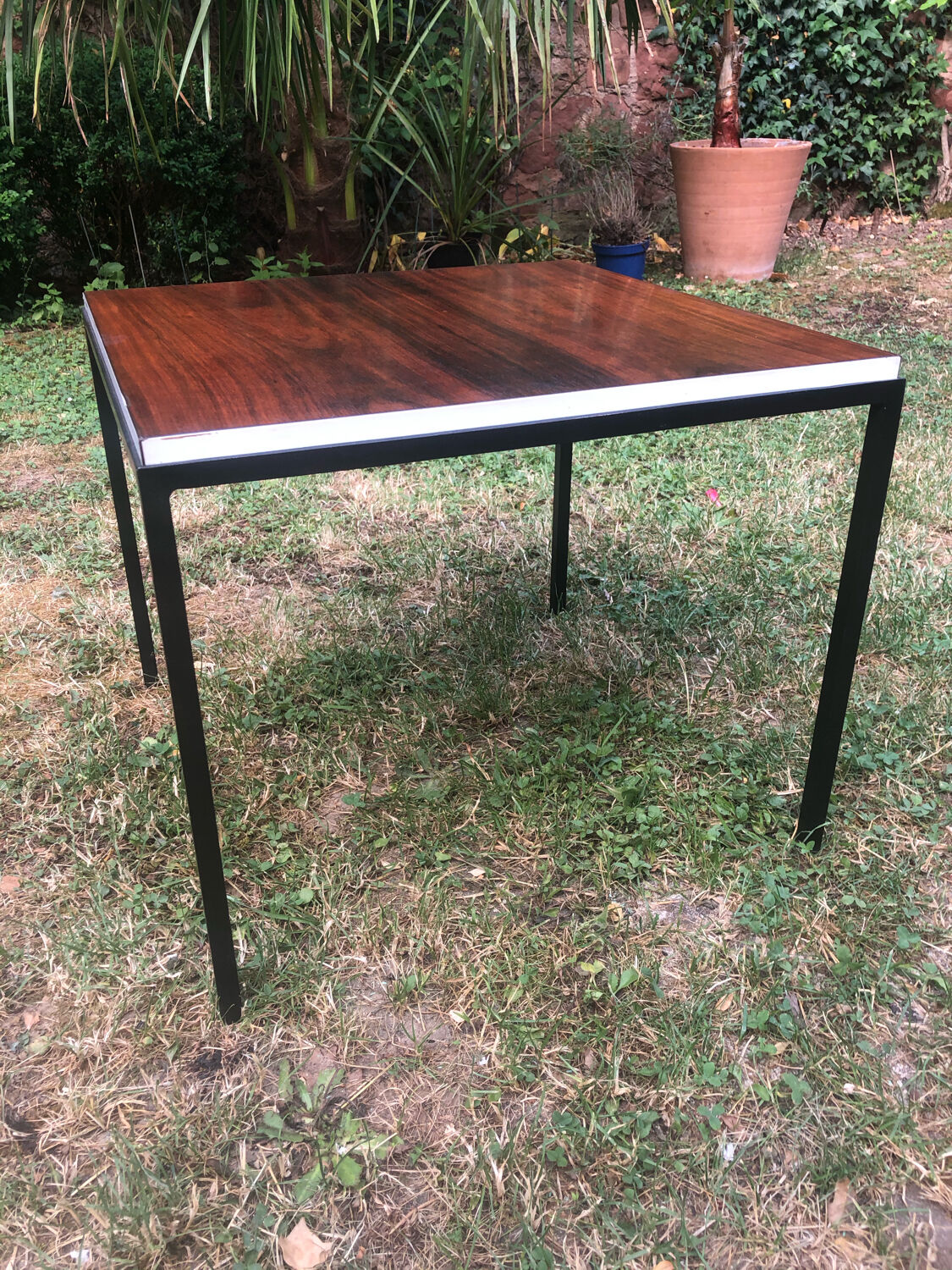 Square black metal coffee table and rosewood top circa 1960