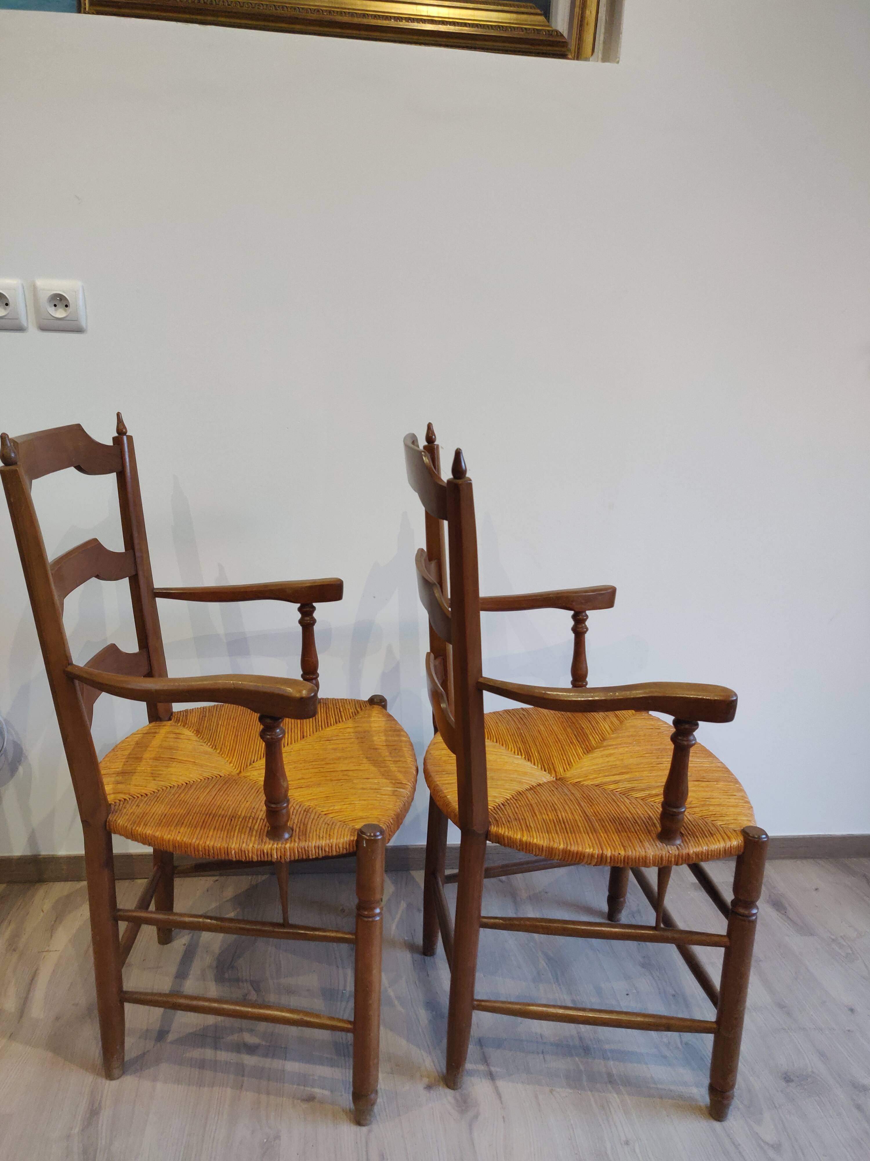 Paire de fauteuils bois paillé neo rustique circa 1950