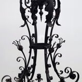 Imposing gothic lustre in wrought iron black laqué 185cm - 2 large candelabras